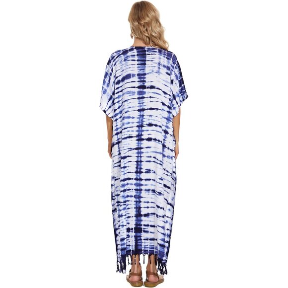 Women Tie Dye Caftan Maxi Dress Plus Size V-Neck Rayon Loungewear Casual - Picture 5 of 9